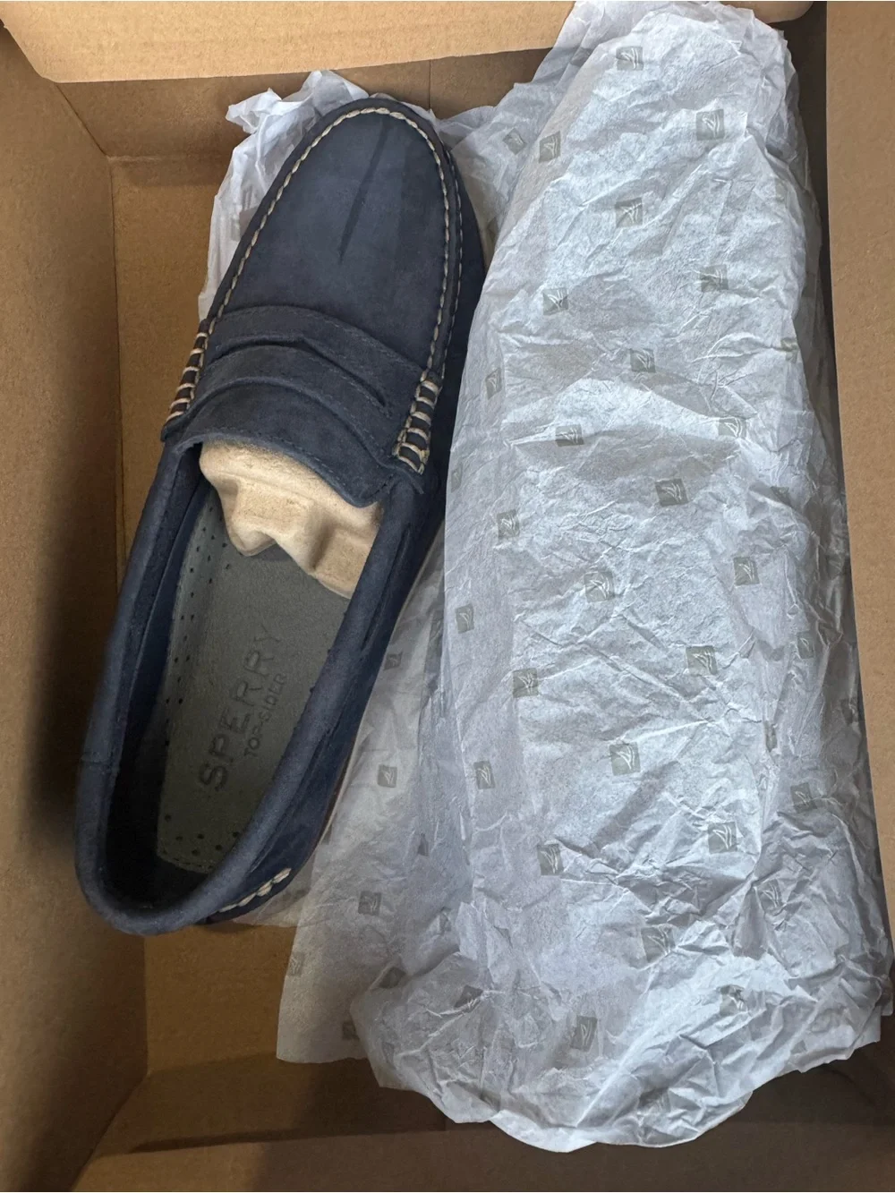 Sperry Navy Suede Penny Loafers with Contrast Stitching